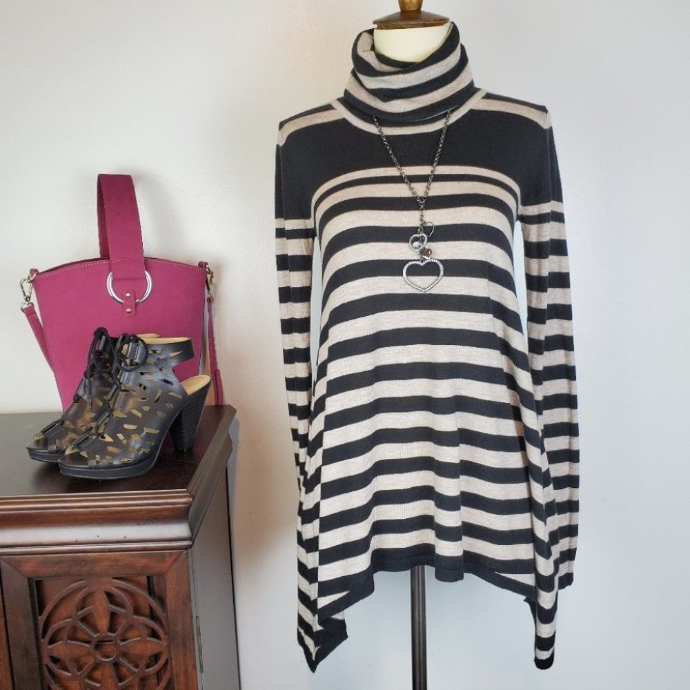 Joan Vass Black Brown Soft Lightweight Striped Turtleneck Sweater Size XS